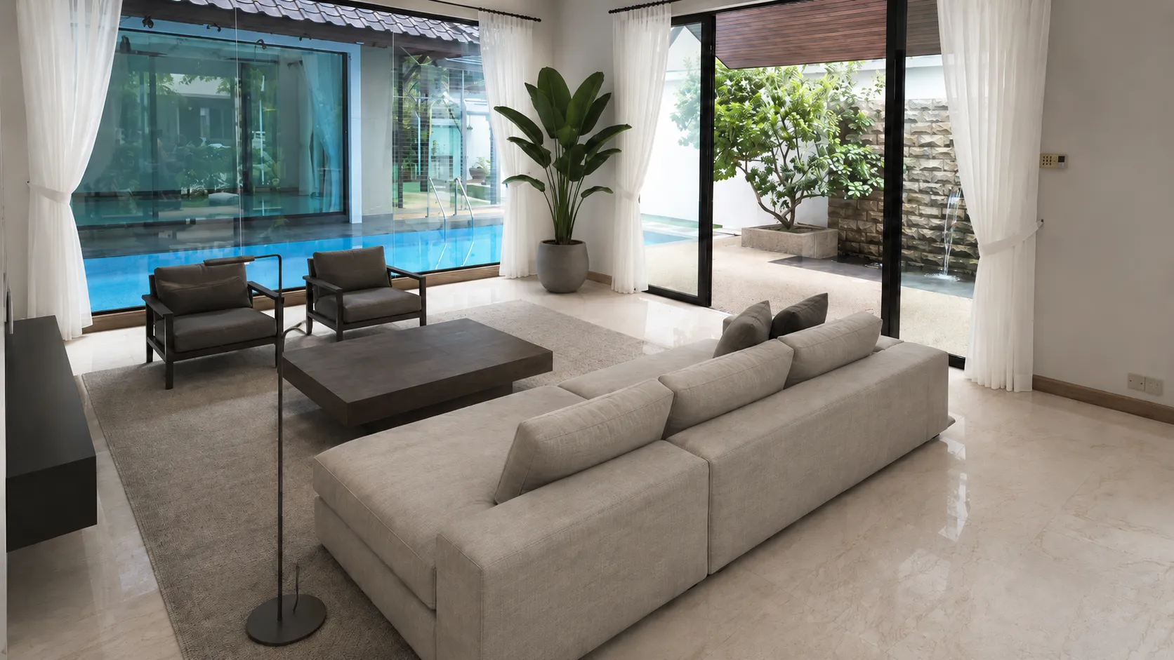 A styled visualisation of the living hall.
